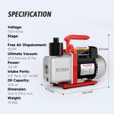 Pro Grade Four CFM Rotary Vane Vacuum Pump With One Third Horsepower Motor For HVAC And Auto AC R410a Recharging detail specs