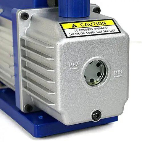 Close-up of 3.5 CFM Single Stage Rotary Vane Vacuum Pump For HVAC Auto AC Refrigerant Recharging With R134a, showing aluminum casing and oil sight glass.