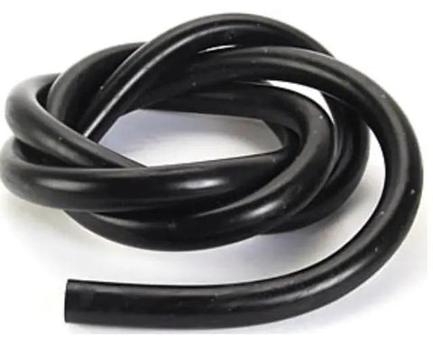 Coiled black rubber hose for ultra quiet rotary vane vacuum pump for brake boosters, compatible with turbo and big cam engines.