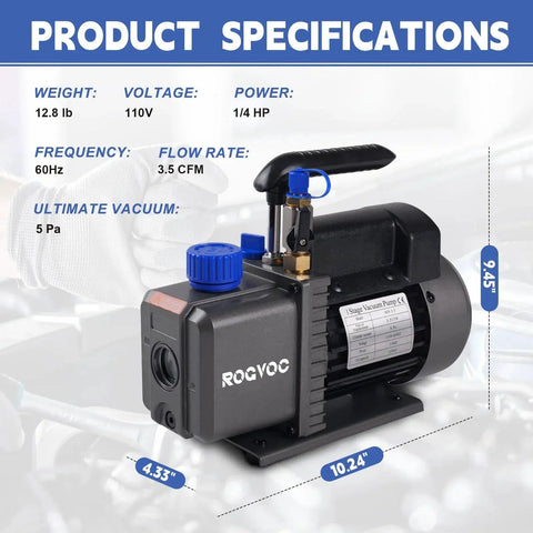 Rugged 3.5 CFM Single Stage Rotary Vane Vacuum Pump With Manifold Gauge Set For HVAC Systems, 110V 60Hz, 1/4 HP, side view