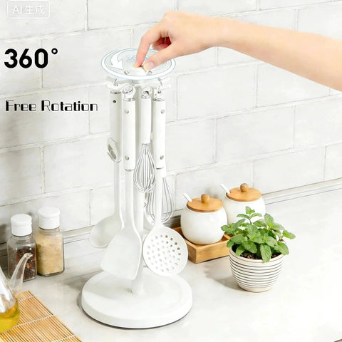 Kitchen Utensil Hanger Stainless Steel Utensil holder Rotatable Cooking Utensils Holder with 8 Hooks, Hanging Spoon Spatula Holder , White