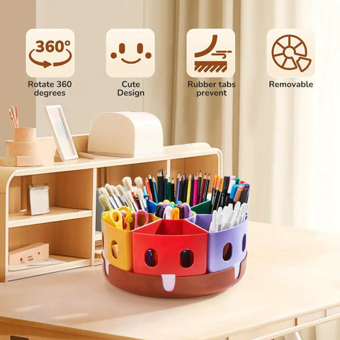 Rotating Art Supplies Organizer With 360 Spin Base and Large Removable Caddy on a desk, holding various colored pens and markers.
