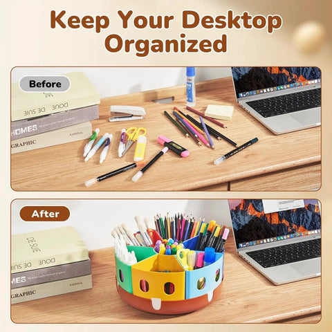 Before and after using Rotating Art Supplies Organizer With 360 Spin Base And Large Removable Caddy For Desk And Classroom Use shown on desk