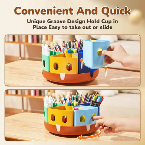 Rotating Art Supplies Organizer With 360 Spin Base and Large Removable Caddy showing a hand adjusting compartments on a desk
