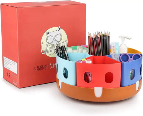Rotating Art Supplies Organizer With 360 Spin Base And Large Removable Caddy for desk use with seven colorful compartments filled with stationery.