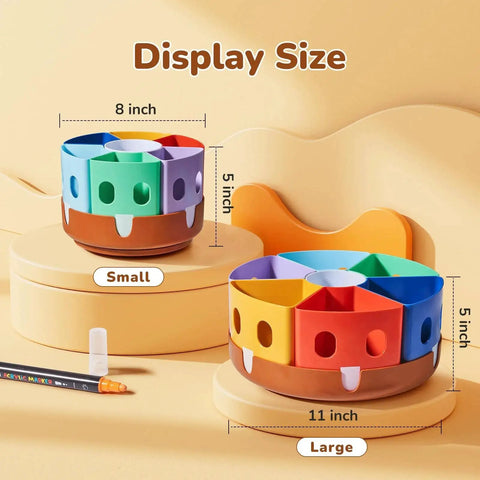 Rotating Art Supplies Organizer With 360 Spin Base And Large Removable Caddy in two sizes, small 8x5 inch and large 11x5 inch.