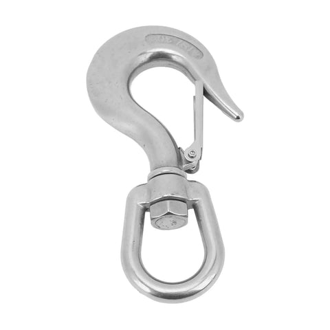 Front view of 1.3in stainless steel rotating clevis slip hook with latch, marine grade.