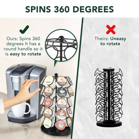 Rotating Coffee Pod Carousel For K Cups Holds 35 Pods Spins 360 Degrees with easy-to-rotate handle, next to a fixed stand