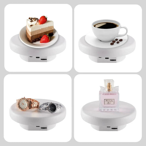 Rotating Display Stand Turntable Six Point Three Inch Spinning Stand For Jewelry Watches Cosmetics And Collectibles Ideal For Product Showcases Black Battery Powered With Non Rechargeable Batteries Included For Easy Display showcasing various items.