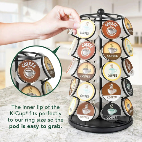 Person using rotating coffee pod carousel for K Cups holds 35 pods spins 360 degrees modern black finish kitchen countertop