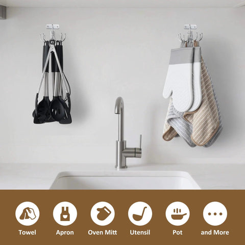 Kitchen Cooking Utensil Holder, 360° Rotating Kitchen Hooks for Hanging Utensils, heavy-duty metal rack with utensils and towels