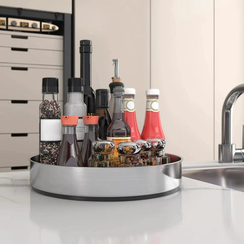 Rotating Lazy Susan Turntable Organizer for Kitchen Cabinets and Countertops holding sauces and spices, 304 Stainless Steel Silver Tray