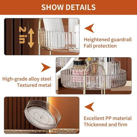 Close-up details of 360 Degree Rotating Makeup Organizer and Storage with PP material and alloy steel for durability and safety.