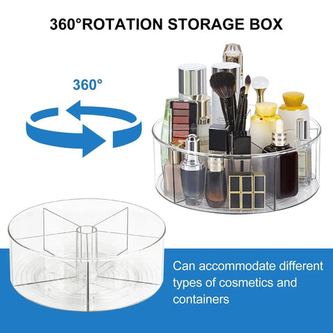 360-degree view of Rotating Makeup Organizer Turntable 11.5 Inch Large Cosmetic Storage with Five Dividers, showing makeup and skincare placement.