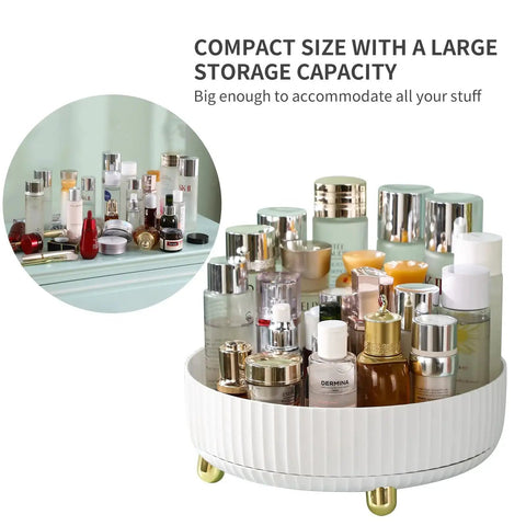 360 Degree Rotating Makeup And Perfume Organizer With Lazy Susan Display Tray, large capacity acrylic storage with clear lids and cosmetics.