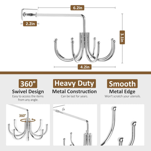 Dimension details of Kitchen Cooking Utensil Holder, 360° Rotating Kitchen Hooks, Heavy Duty Metal Utensil Rack, Silver.