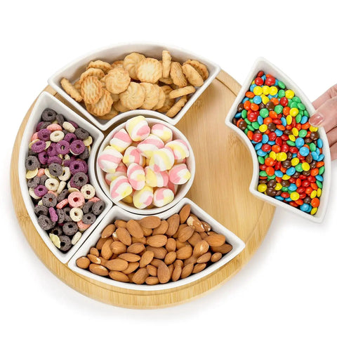Divided Serving Dish Lazy Susan With 360 Degree Rotating Porcelain Tray On Bamboo Base And Five Removable Compartments For Fruit Veggies Candy