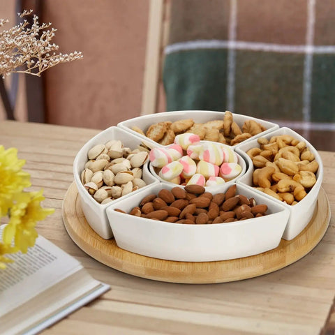 Divided Serving Dish Lazy Susan with 360 Degree Rotating Porcelain Tray on Bamboo Base and Five Removable Compartments Filled with Snacks
