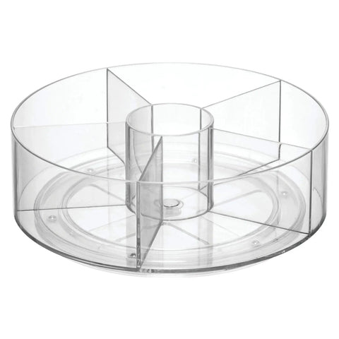 Rotating Turntable Tea Packet Organizer with Five Divided Compartments and Center Cup for Cabinets or Countertops, Clear Finish
