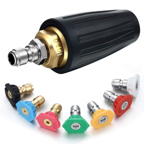 Mudder pressure washer rotating turbo nozzle with 7-piece spray tip kit, black quick-connector head.