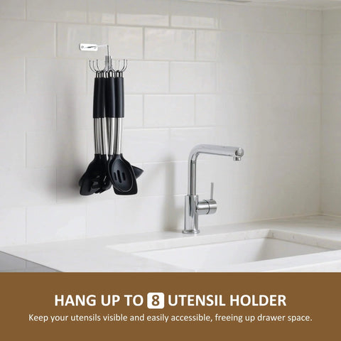 Kitchen Cooking Utensil Holder, 360° Rotating Kitchen Hooks for Hanging Utensils, metal rack wall-mounted above sink with utensils