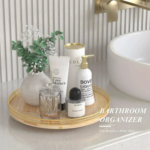 13 Inch Round Wooden Lazy Susan Turntable Organizer For Cabinet And Pantry Storage on bathroom countertop with toiletries.