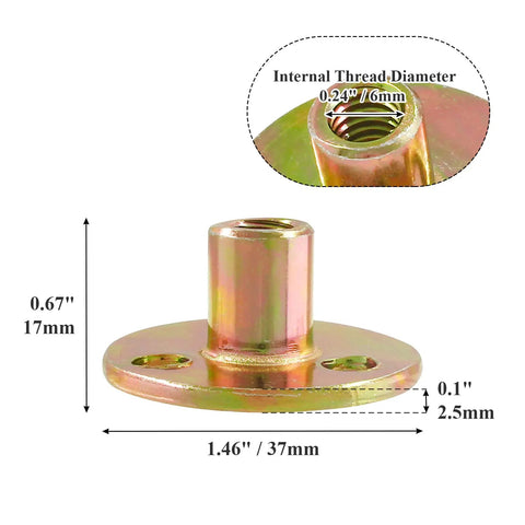 12 Pack Round Base T Nuts 1/4-20 Thread Screw-In Flange Inserts For Wood Furniture Hardware Carbon Steel Plate Nuts Female Thread T Nuts Indoor Outdoor Use Pro Grade Cabinets Shelves DIY Projects, showing side view with dimensions.