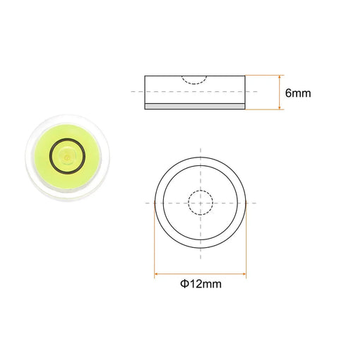 Diagram of Three Piece Round Bubble Level Set 12x6mm Mini Circular Bullseye Spirit Levels showing front and side views in lime.