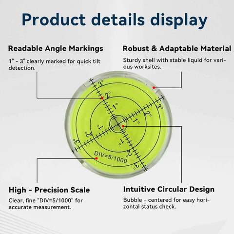 Round High Precision Pro Grade RV Leveling Bubble Level 2.4 Inch 60mm Cardan Ball Leveler with angle markings and circular design
