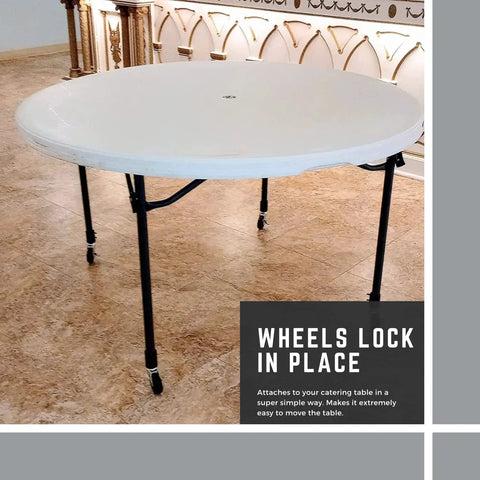 Heavy Duty Folding Table Caster Wheels Set With 3 Inch Locking Casters Elevates Height By 5 Inches installed on round table