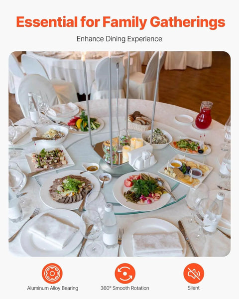 20 Inch Glass Lazy Susan Turntable on dining table with food, showcasing smooth silent 360 rotation for family gatherings and banquets