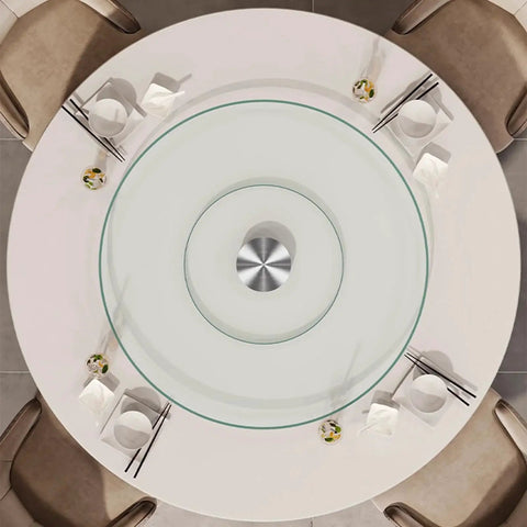 30.7 Inch Glass Turntable For Dining Table Large Round Serving Plate With Swivel Assist System, shown on dining table setup
