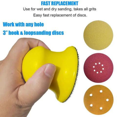 Hand holding yellow Round Hand Sanding Block for 3 Inch Hook and Loop Discs with various grit discs displayed alongside