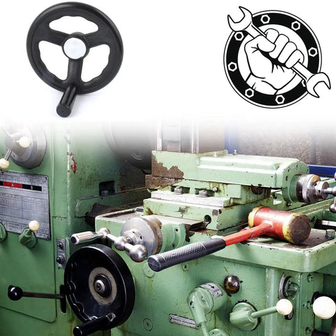 Two Pack Round Hand Wheel With Three Spokes 4 Inch Diameter And 0.47 Inch Thick Revolving Knob Handle on metal machinery