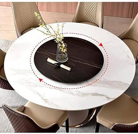 Aluminum Alloy Lazy Susan Turntable Bearing on dining table, supporting smooth rotation for large displays, brushed silver finish.