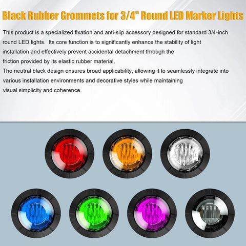 Black rubber grommets for 3/4 inch round LED marker lights in multiple colors shown in a display, six grommets visible.