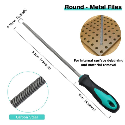 Round metal file from 4 Piece Metal File Set with 8 inch hand files and handles plus 12 sheets sandpaper for metalworking and shaping.