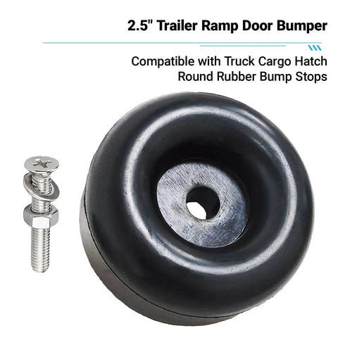 Beefed Up Heavy Duty Round Rubber Bump Stops 1 x 2.5 Inch With Screws, Industrial Grade Shock Absorbing Pads, single view with screws