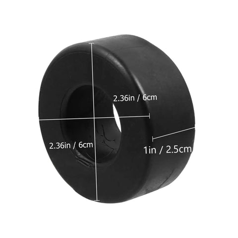 Four Pack Round Rubber Bumpers for Gym Equipment and Home Fitness Machines, shown with dimensions, black color, side view