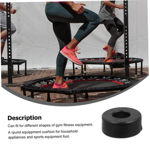 Four Pack Round Rubber Bumpers for Gym Equipment and Home Fitness Machines shown with exercise trampolines