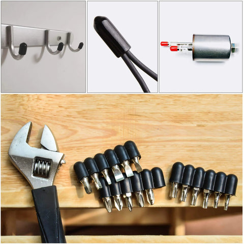 25pcs Round Rubber End Caps Protective Caps 1/4" 3/8" 1/2" 3/4" 7/8" Black Vinyl Cover Screw Thread Protectors Assortment for Metal Tubing, Screw, Bolt, arranged with a wrench on a wooden surface