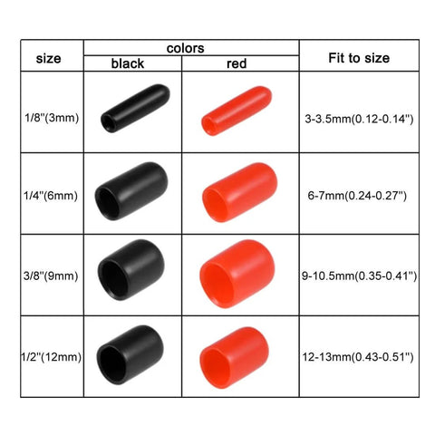 Chart of 40pcs Round Rubber End Caps 1/8" 1/4" 3/8" 1/2" Black Vinyl Cover Screw Thread Protectors Assortment Kit in two colors