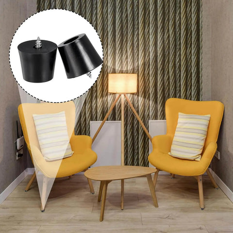 Image of a living room with chairs and a close-up inset of round rubber feet with stainless screws, designed as non-slip bumpers for furniture.