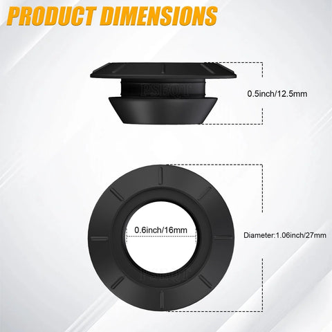 These 3/4 inch round rubber grommets with a waterproof gasket, dimensions displayed, shown from side and front view.