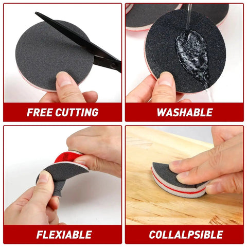 Cutting, washing, and bending a 48 Pcs 3 Inch Round Sanding Sponge Set Grit 80 To 3000 For Wood Metal Auto Body.