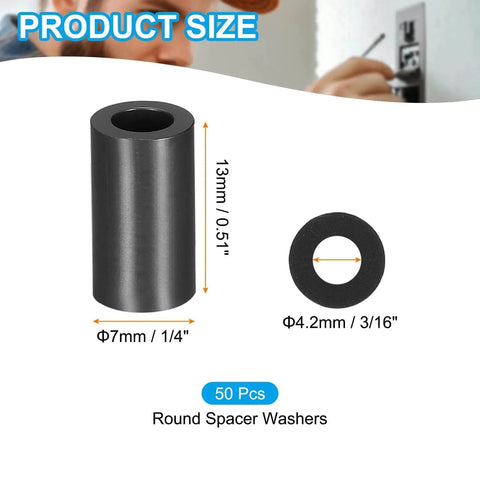 Pack Of 50 ABS Round Spacers 4mm Inner Diameter 7mm Outer Diameter 13mm Height Black Nylon Unthreaded Stud Spacers