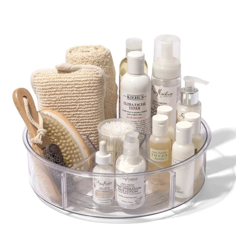 Round Turntable Organizer With Six Removable Clear Bins holding various toiletries and grooming products, 11.7 inch rotating storage tray.
