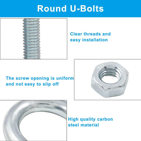 Image showing details of Four M6 zinc plated steel U bolts with nuts, plates, and washers, highlighting threads, nut, and steel material.