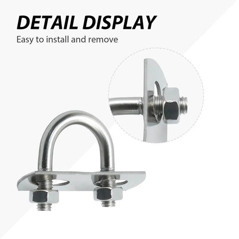 Close up of Round U Bolts Zinc Plated Steel M6 Round Bend U Clamp with nut and plate, ideal for fixing pipes and wood.