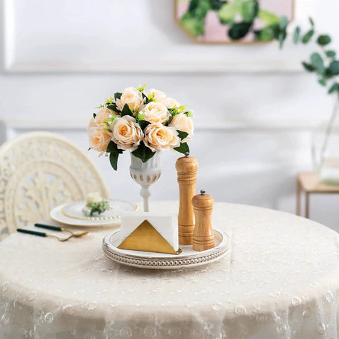 Round White Beaded Wood Lazy Susan Turntable For Kitchen Counter And Tabletop Decor 12 Inch Spinning Tray With Flowers And Condiments